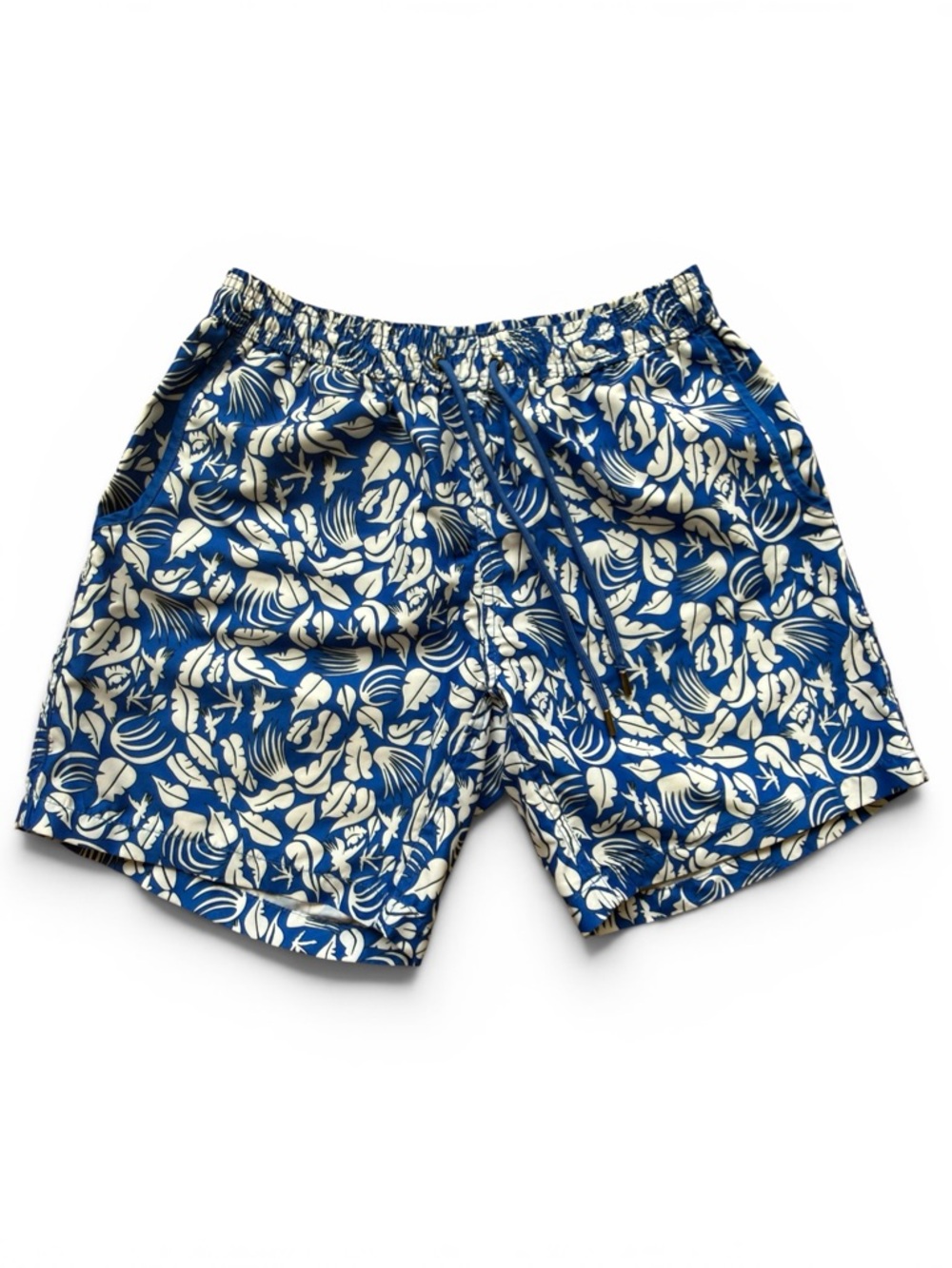 Mr. Swim - Men’s Medium Swim Trunks - Blue + White Graphic Design